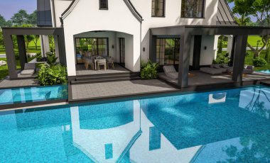 Üç boyutlu şirin, beyaz ve siyah, modern Tudor tarzı bir ev. Park yeri ve havuzu satılık ya da güzel peyzajlı. Peri çatıları. Mavi gökyüzü açık güneşli bir yaz günü.