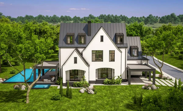 Renderização Bonito Aconchegante Branco Preto Moderno Tudor Casa Estilo Com — Fotografia de Stock