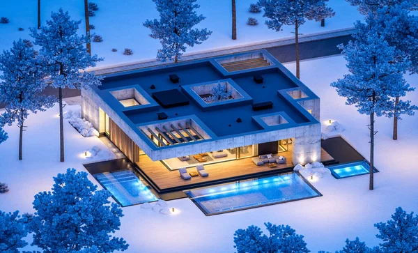 以现代风格的新混凝土房屋的3D渲染 有游泳池和停车场出售或出租 以及漂亮的背景景观 这房子只有一层 寒冷的冬夜 天上有星星 — 图库照片