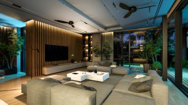 Modern konforlu iç döşeme, yaşam alanı merdiveni, mutfak ve satılık ya da geceleri deniz kenarında ahşap kalaslarla döşenmiş. Ilık iç aydınlatma ve gece sokağındaki soğuk ışık birleşimi.