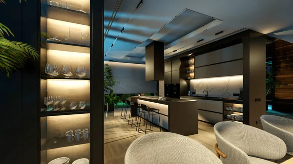 Rendu Intérieur Confortable Moderne Avec Salon Salle Manger Escalier Cuisine — Photo