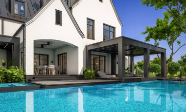 Üç boyutlu şirin, beyaz ve siyah, modern Tudor tarzı bir ev. Park yeri ve havuzu satılık ya da güzel peyzajlı. Peri çatıları. Mavi gökyüzü açık güneşli bir yaz günü.