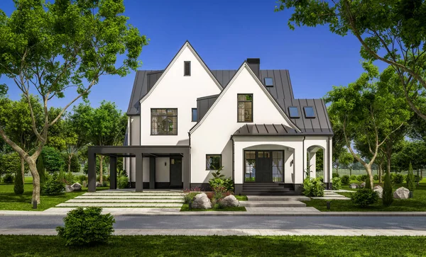 Rendering Carino Accogliente Bianco Nero Moderno Casa Stile Tudor Con — Foto Stock