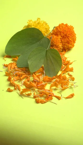 Indian Festival Dussehra Mit Grünen Blättern Und Blütenblättern Auf Gelbem — Stockfoto