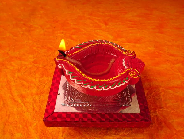 Clay Diya Lampe Entzündet Während Der Diwali Feier Grußkarten Design — Stockfoto