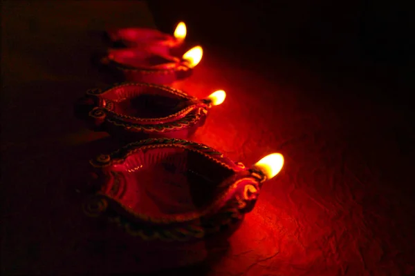 Lampes Diya Argile Allumées Pendant Célébration Diwali Carte Voeux Design — Photo