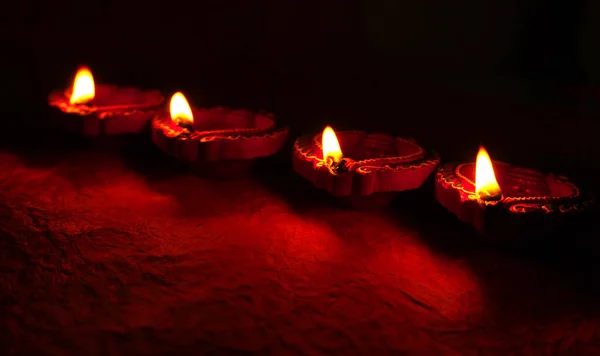 Diya Lampen Aus Ton Entzündeten Sich Während Der Diwali Feier — Stockfoto