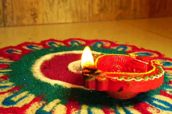 Clay Diya Lámpa Világított Diwali Ünnepség Alatt Üdvözlet Kártyatervezés Indiai — Stock Fotó