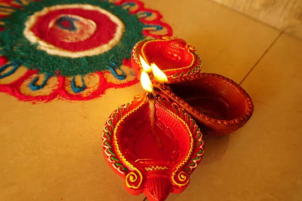 Клэй Лампы Зажгли Время Празднования Дивали Поздравления Card Design Indian — стоковое фото