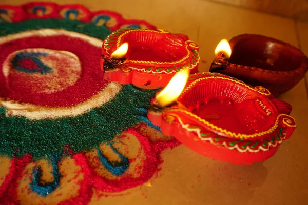 Lerdiyalampor Tända Diwali Celebration Hälsningar Kort Design Indian Hindu Light — Stockfoto