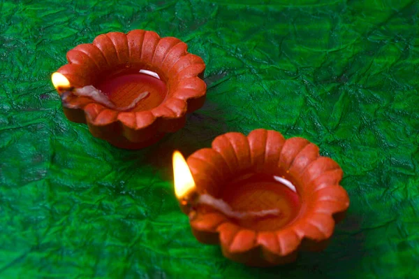 Lampade Clay Diya Accese Durante Celebrazione Del Diwali Greetings Card — Foto Stock