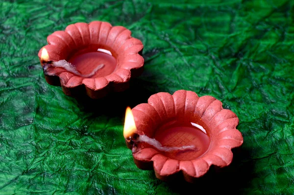 Lampade Clay Diya Accese Durante Celebrazione Del Diwali Greetings Card — Foto Stock