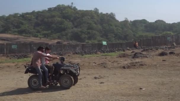 India Circa 2019 Indian Boys Riding Quad Bike Rural Road — Stock Video