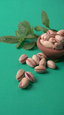 Yeşil yapraklar ve kahverengi kâseyle süslenmiş fıstıklar. Yeşil arka plan, üst manzara. Düz yatıyordu.