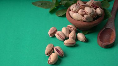 Yeşil yapraklar ve kahverengi kâseyle süslenmiş fıstıklar. Yeşil arka plan, üst manzara. Düz yatıyordu.