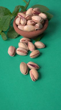 Yeşil yapraklar ve kahverengi kâseyle süslenmiş fıstıklar. Yeşil arka plan, üst manzara. Düz yatıyordu.