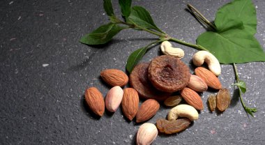 Stüdyo arka planında yeşil yapraklı çeşitli fındıklar.