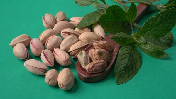 Yeşil yapraklar ve kahverengi tahta kaşıkla süslenmiş Pistachios veya Pista fındıkları. Yeşil arka plan, üst manzara. Düz yatıyordu.