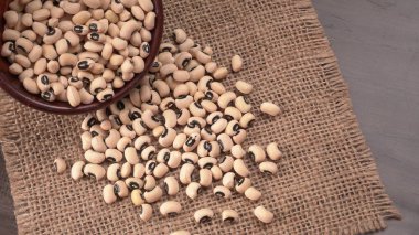 Ahşap kaşıklı pişmemiş siyah bezelyeler. Sağlıklı gıda kavramı.