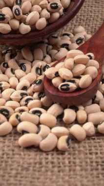 Ahşap kaşıklı bir kase pişmemiş siyah bezelye. Sağlıklı gıda kavramı.