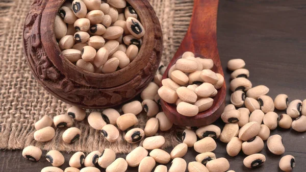 Bowl Uncooked Black Eyed Peas Wooden Spoon Health Food Concept — Stockfoto