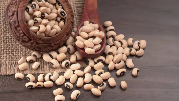 Bowl Uncooked Black Eyed Peas Wooden Spoon Health Food Concept — Stockfoto