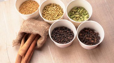 Indian Spices and herbs on wooden background. Food and cuisine ingredients.
