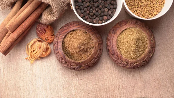 Індіанські Прянощі Трави Дерев Яному Тлі Їжа Інгредієнти Кухні — стокове фото