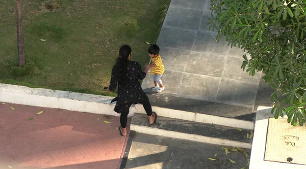 Top View Mother Son Playing Outdoors — 스톡 사진