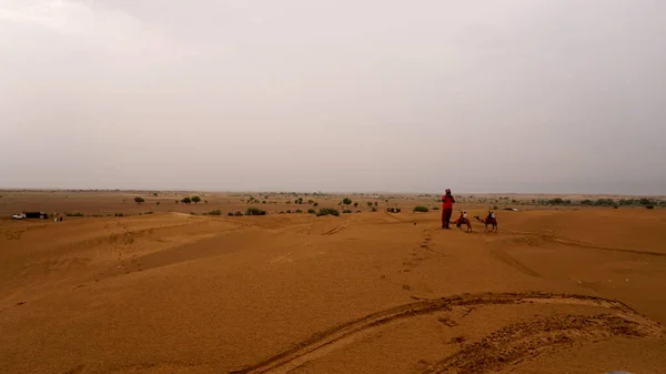 インド 8月2019 昼間にインドの砂漠でラクダに乗る観光客 — ストック写真