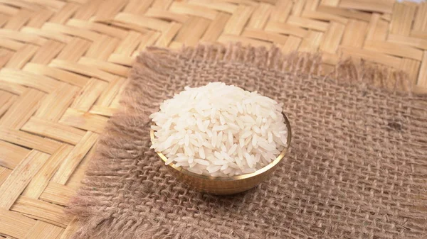 Metallic Bowl Dry Rice Wooden Table Healthy Food — Stock Photo, Image