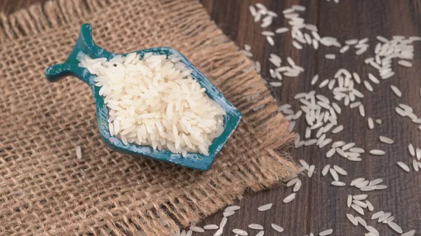 Dry Rice Clay Blue Bowl Wooden Table Healthy Food Copy — Stock Photo, Image