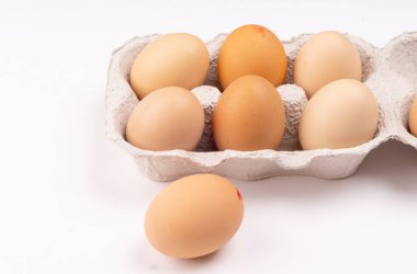 Karton yumurta tepsisinde kahverengi tavuk yumurtası. Sağlıklı protein kahvaltısı için organik yumurta. Paskalya sembolü. Çiğ tavuk yumurtası..