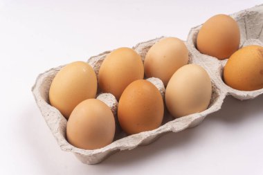 Karton yumurta tepsisinde kahverengi tavuk yumurtası. Sağlıklı protein kahvaltısı için organik yumurta. Paskalya sembolü. Çiğ tavuk yumurtası..