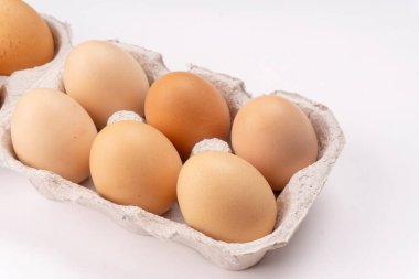 Karton yumurta tepsisinde kahverengi tavuk yumurtası. Sağlıklı protein kahvaltısı için organik yumurta. Paskalya sembolü. Çiğ tavuk yumurtası..
