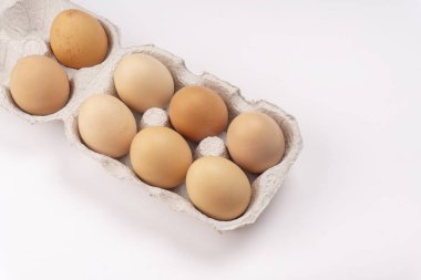 Karton yumurta tepsisinde kahverengi tavuk yumurtası. Sağlıklı protein kahvaltısı için organik yumurta. Paskalya sembolü. Çiğ tavuk yumurtası..