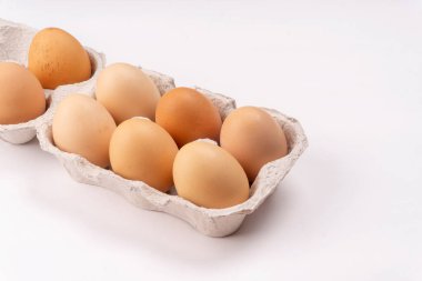 Karton yumurta tepsisinde kahverengi tavuk yumurtası. Sağlıklı protein kahvaltısı için organik yumurta. Paskalya sembolü. Çiğ tavuk yumurtası..