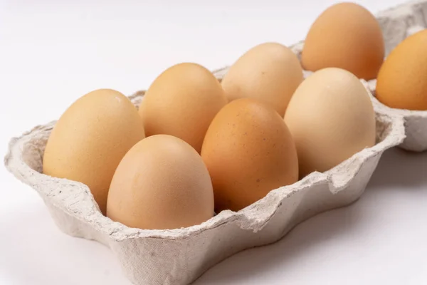 Brown chicken eggs in cardboard egg tray. Organic egg for healthy protein breakfast. Easter symbol. Raw chicken eggs.
