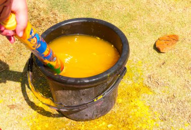 INDIA - 18 Mart 2022: Çocuklar gündüz vakti bahçede su tabancalarıyla oynuyorlar 