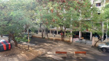 INDIA - 1 Mayıs 2020: Gündüz vakti arabalı ve yeşil ağaçlı Hindistan Caddesi 