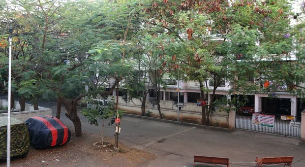 Индия Мая 2020 Индийская Улица Автомобилями Зелеными Деревьями Дневное Время — стоковое фото