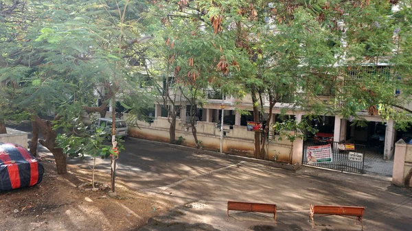 INDIA - 1 Mayıs 2020: Gündüz vakti arabalı ve yeşil ağaçlı Hindistan Caddesi 