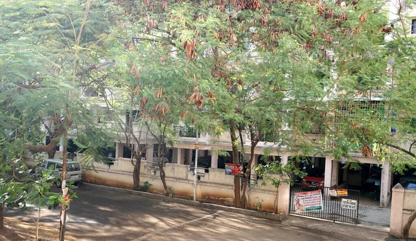 INDIA - 1 Mayıs 2020: Gündüz vakti arabalı ve yeşil ağaçlı Hindistan Caddesi 