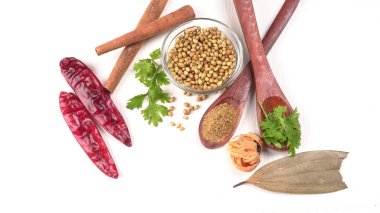 Kuru kişniş tohumları ile küçük bambu kaşıkları ve yeşil demet kişniş yaprakları, Asya mutfağında ünlü baharatlar..