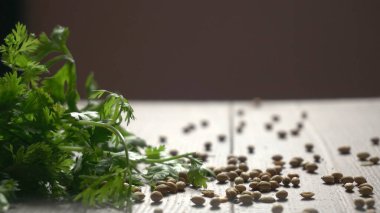 Kuru kişniş tohumları ve yeşil taze kişniş yaprakları Asya mutfağında ünlü baharatlar..