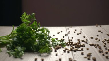 Kuru kişniş tohumları ve yeşil taze kişniş yaprakları Asya mutfağında ünlü baharatlar..