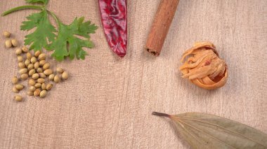 Kuru kişniş tohumları ve yeşil taze kişniş yaprakları Asya mutfağında ünlü baharatlar..