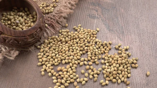 Ahşap masada kişniş tohumları, Hint baharatları ve otları