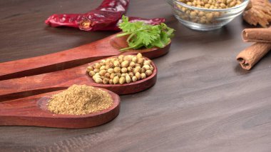 Kuru kişniş tohumları ile küçük bambu kaşıkları ve yeşil demet kişniş yaprakları, Asya mutfağında ünlü baharatlar..