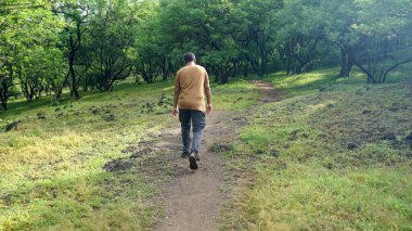 INDIA - 18 HAZİRAN 2021: Yaz parkında yürüyen genç Hintli adamın gündüz çekimi 